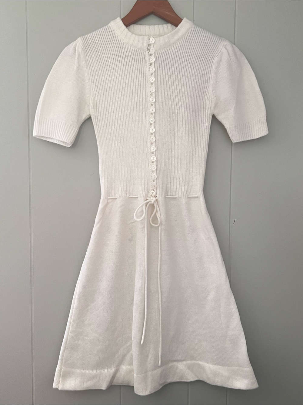 Vintage 70s White Knit Mini Dress Button Front Puff Sleeve Retro Cottagecore S - Picture 11 of 12